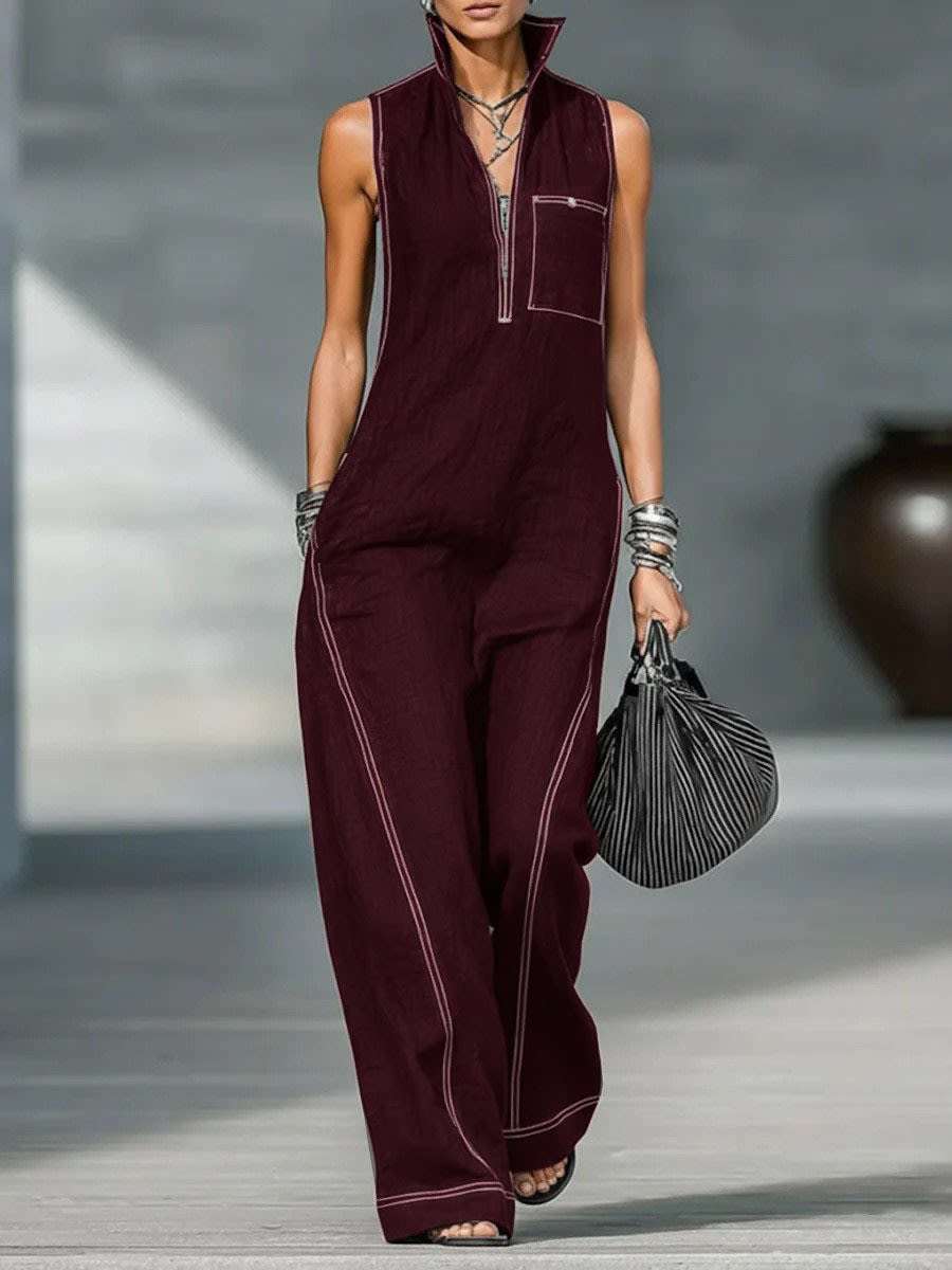 Stand-up Collar Jumpsuit With Pockets Summer Fashion Casual Sleeveless Jumpsuit Trousers Women's Clothing view 4