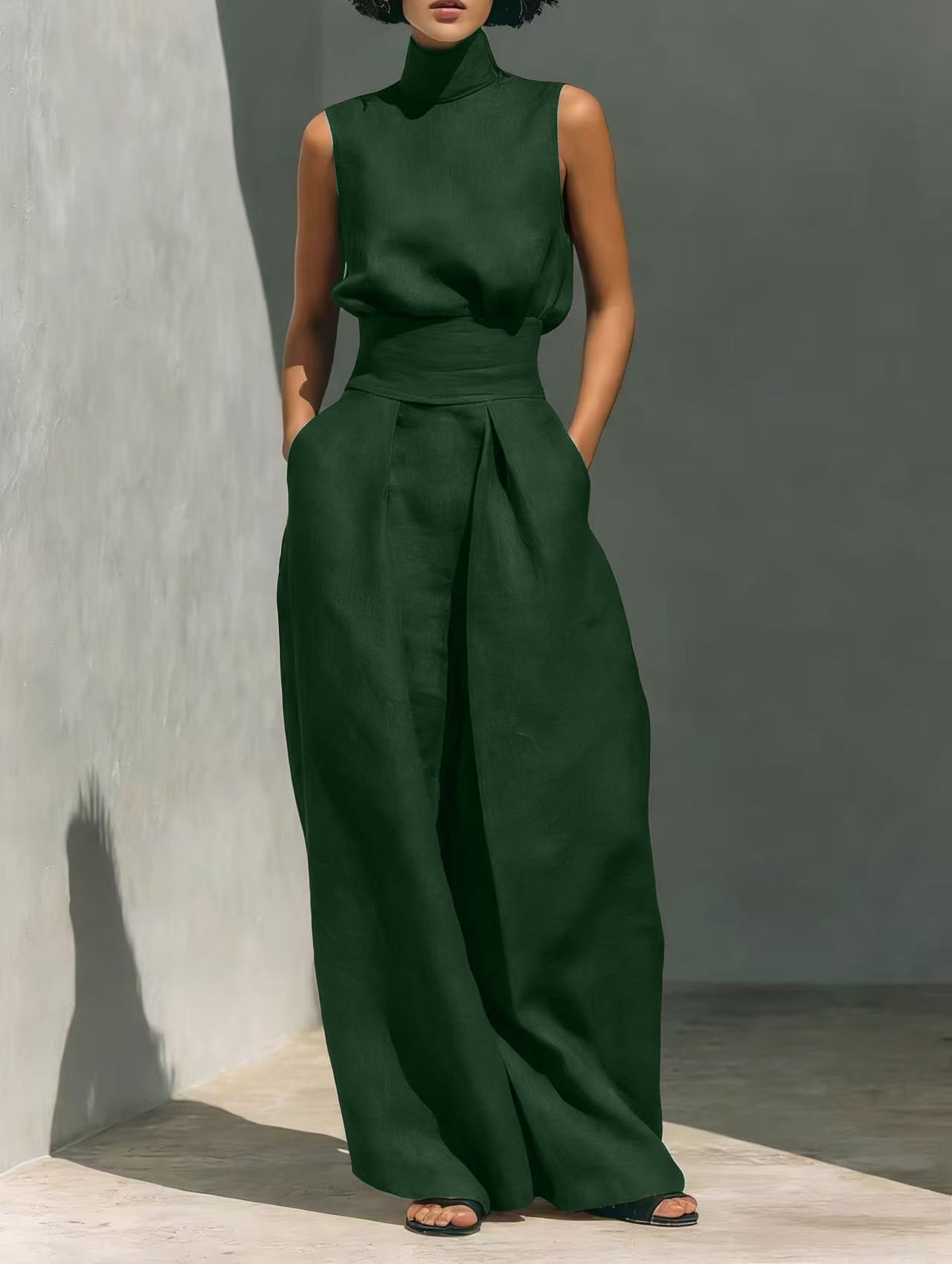 Casual Sleeveless Suit Summer Stand-up Collar Pullover Top And Loose Straight-leg Trousers Women's Clothing view 17