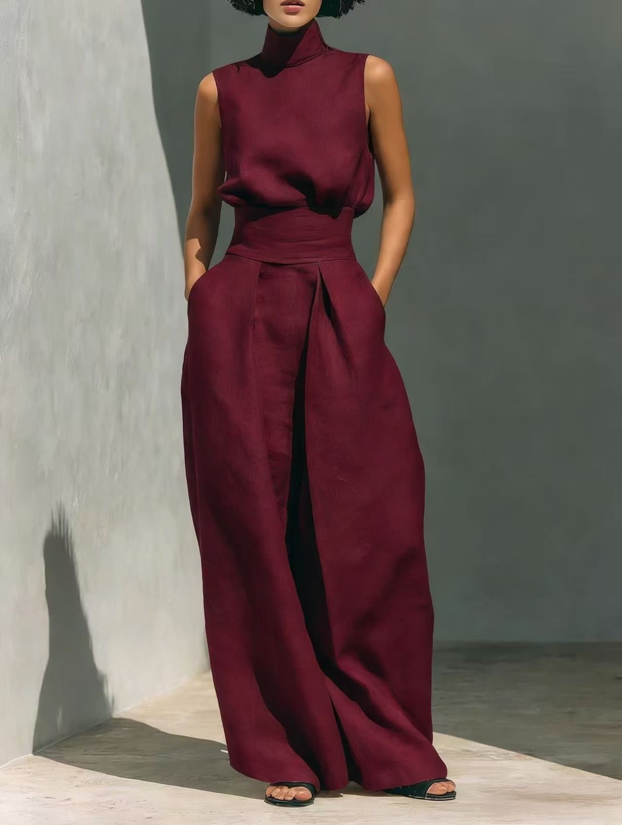 Casual Sleeveless Suit Summer Stand-up Collar Pullover Top And Loose Straight-leg Trousers Women's Clothing view 8