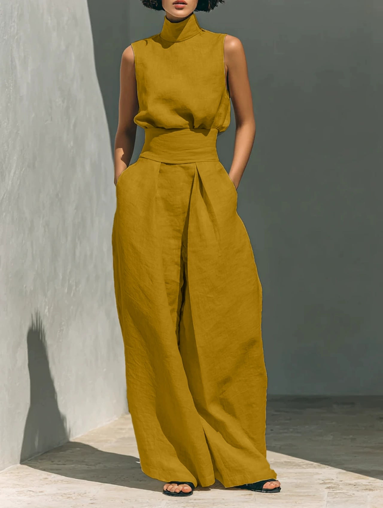 Casual Sleeveless Suit Summer Stand-up Collar Pullover Top And Loose Straight-leg Trousers Women's Clothing view 16