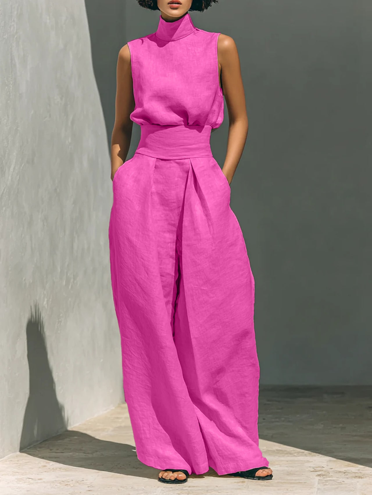Casual Sleeveless Suit Summer Stand-up Collar Pullover Top And Loose Straight-leg Trousers Women's Clothing view 14