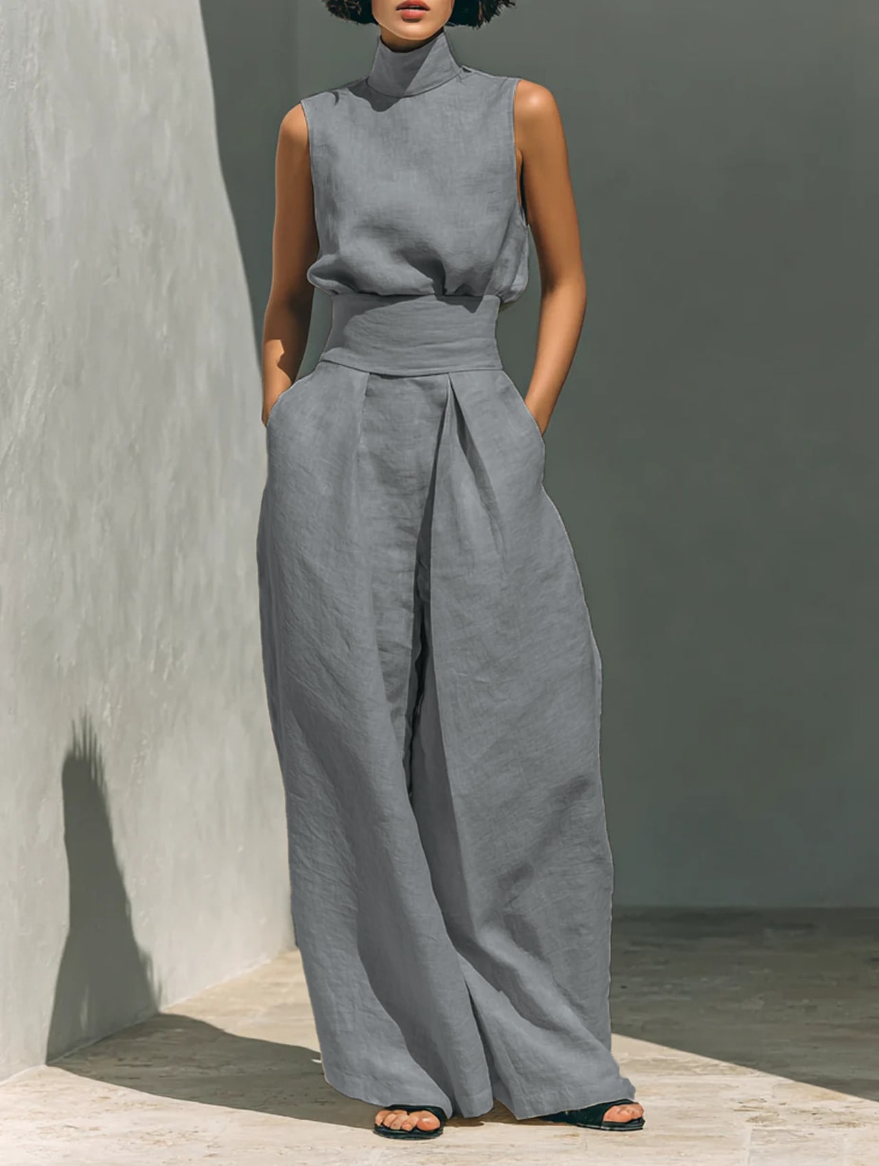 Casual Sleeveless Suit Summer Stand-up Collar Pullover Top And Loose Straight-leg Trousers Women's Clothing view 9