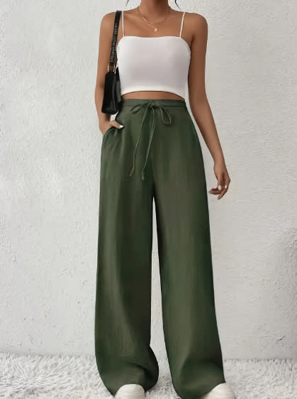 European And American Women's Clothing Casual Wide Leg Lace-up Pocket Casual Pants
