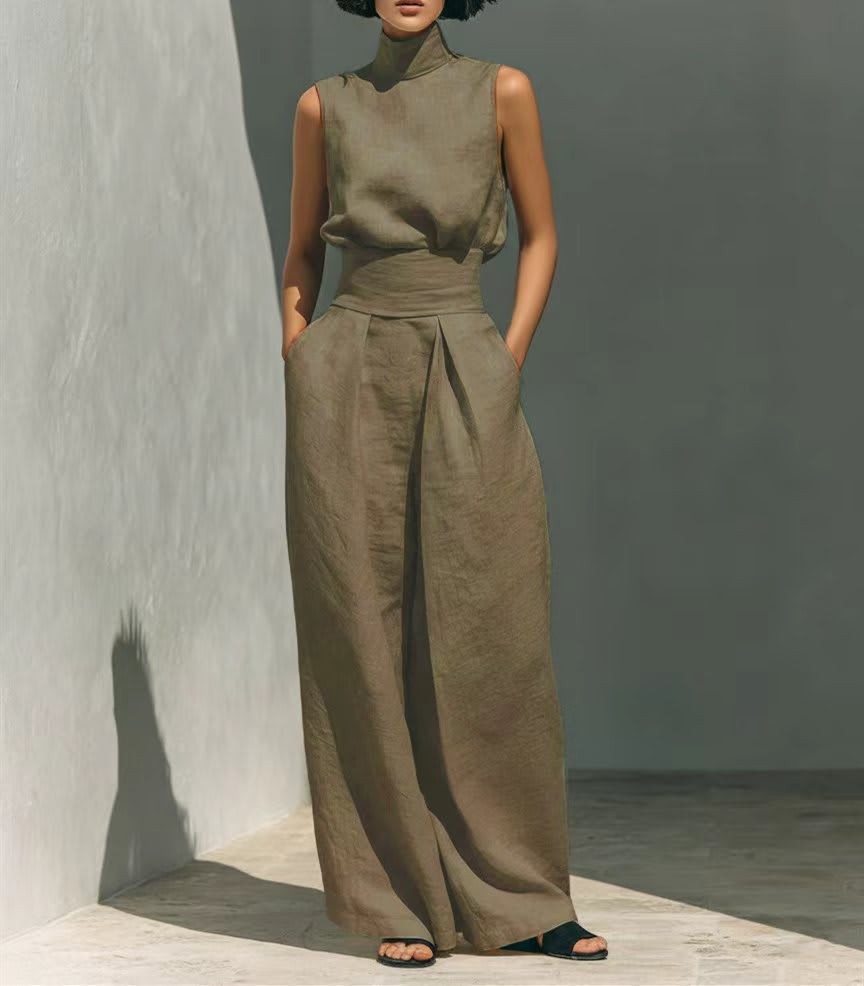 Casual Sleeveless Suit Summer Stand-up Collar Pullover Top And Loose Straight-leg Trousers Women's Clothing view 13