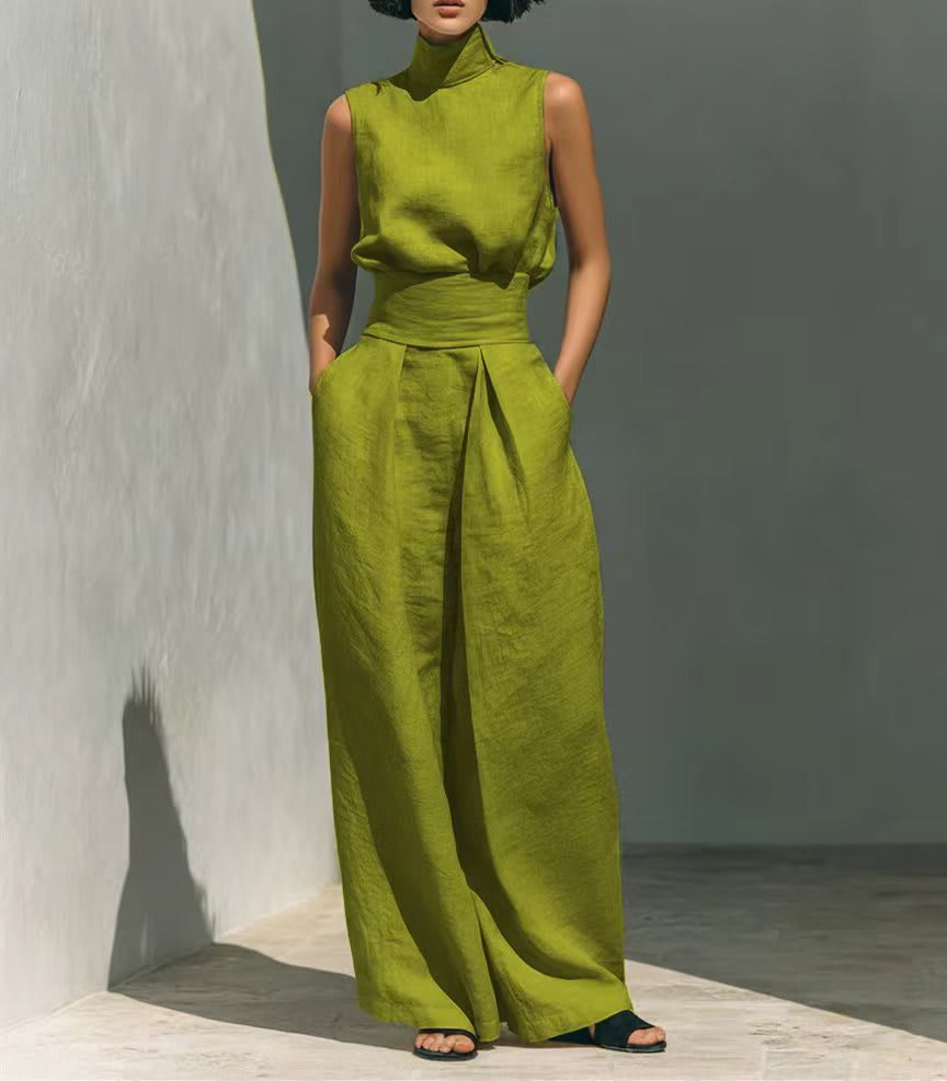 Casual Sleeveless Suit Summer Stand-up Collar Pullover Top And Loose Straight-leg Trousers Women's Clothing view 10