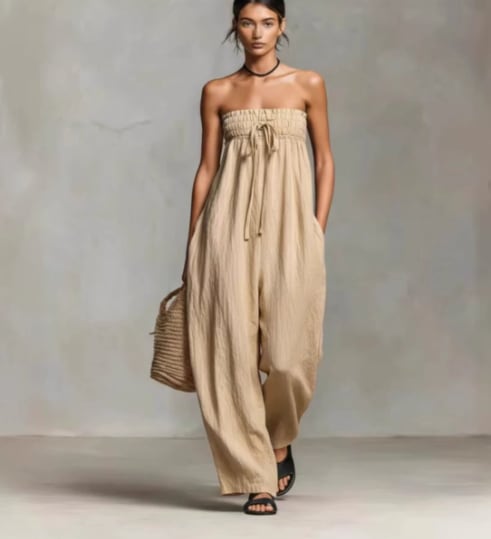 Women's Strapless Ruched Jumpsuit Summer Fashion Tie-up Loose Straight-leg Jumpsuit view 3
