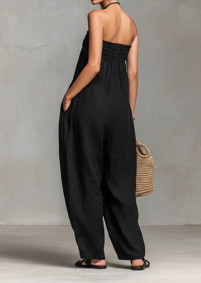 Women's Strapless Ruched Jumpsuit Summer Fashion Tie-up Loose Straight-leg Jumpsuit view 10