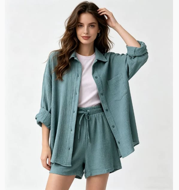 Women's Wrinkled Fabric Lapel Long Sleeved Shirt Shorts Fashion Casual Set view 13