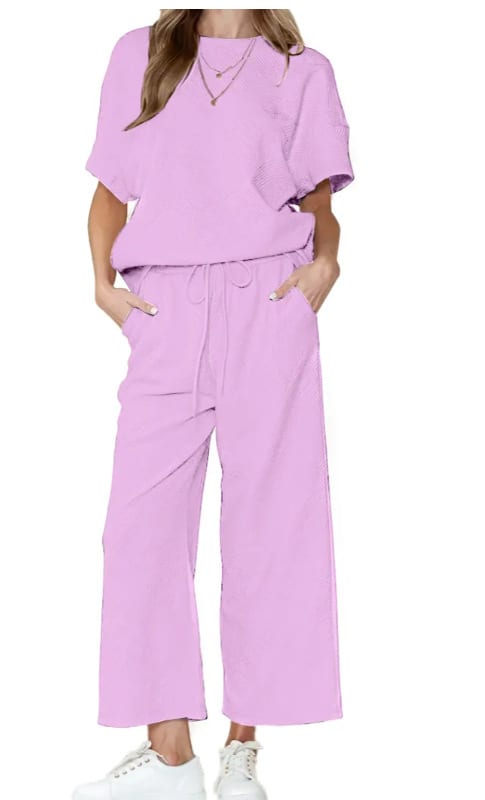 Solid Color Texture Casual Fashion Women's Wear Short-sleeved Trousers Two-piece Set view 6