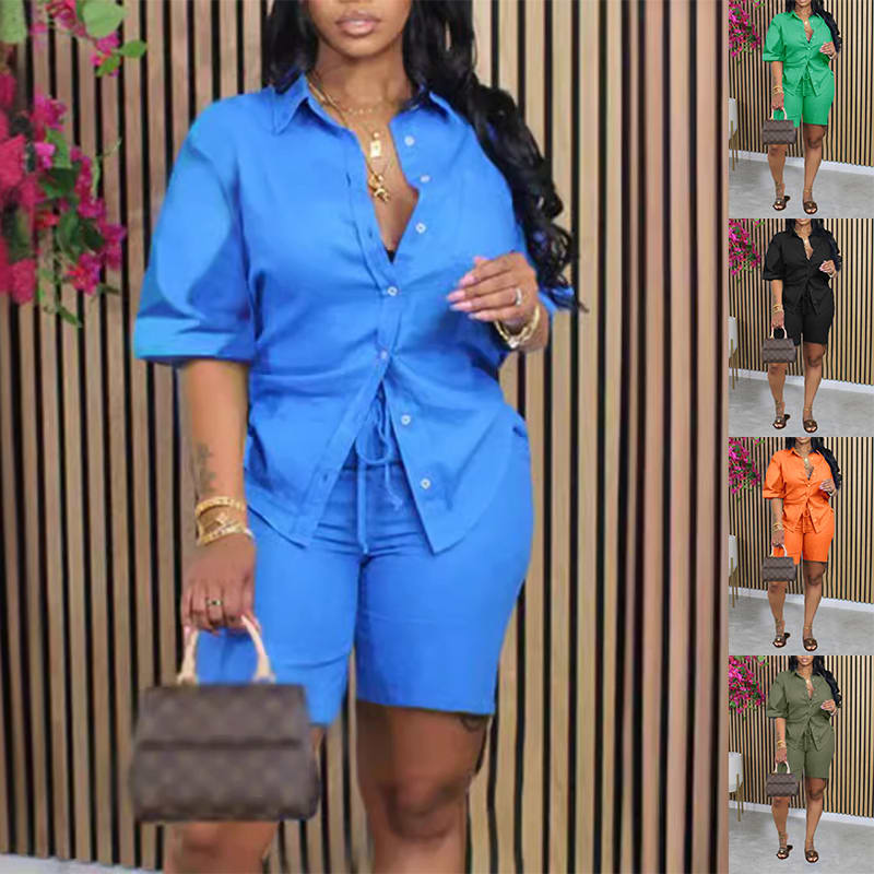 Summer Short-sleeved Shorts Suits Lapel Shirts And Drawstring Pants view 5
