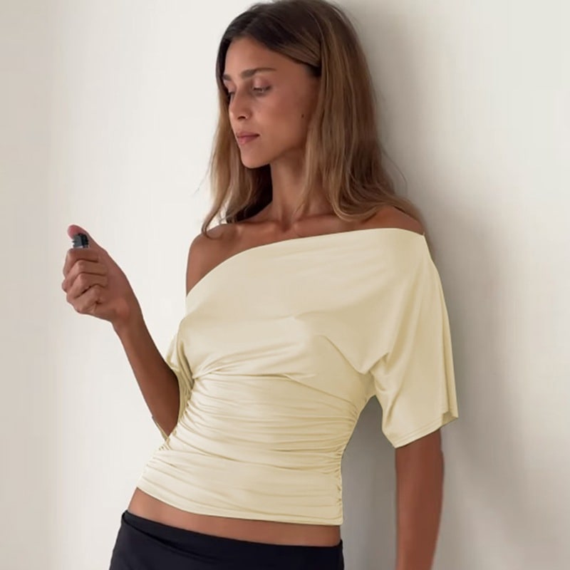 Women's Summer Off-the-shoulder Short Sleeve Pleated Waist Slimming T-shirt view 4