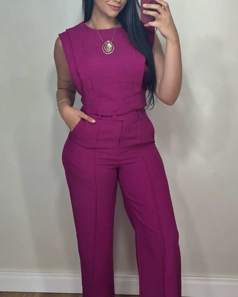 Summer Sleeveless Suit Fashion Round Neck Vest Top And Pocket Straight Pants Casual Trousers Set For Women Clothing view 6