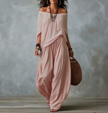 Women's Off-Shoulder Suit Long Sleeve Top And Flare Leg Pants Set - Loose Fit Casual Two Piece Outfit view 6