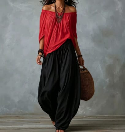 Women's Off-Shoulder Suit Long Sleeve Top And Flare Leg Pants Set - Loose Fit Casual Two Piece Outfit view 4