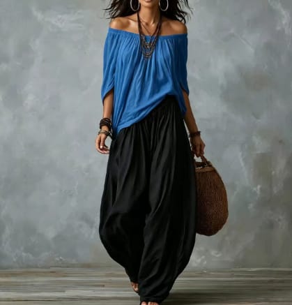 Women's Off-Shoulder Suit Long Sleeve Top And Flare Leg Pants Set - Loose Fit Casual Two Piece Outfit view 8