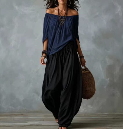 Women's Off-Shoulder Suit Long Sleeve Top And Flare Leg Pants Set - Loose Fit Casual Two Piece Outfit view 2