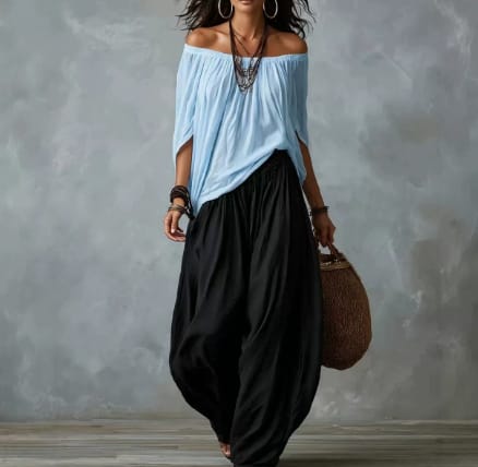 Women's Off-Shoulder Suit Long Sleeve Top And Flare Leg Pants Set - Loose Fit Casual Two Piece Outfit view 9