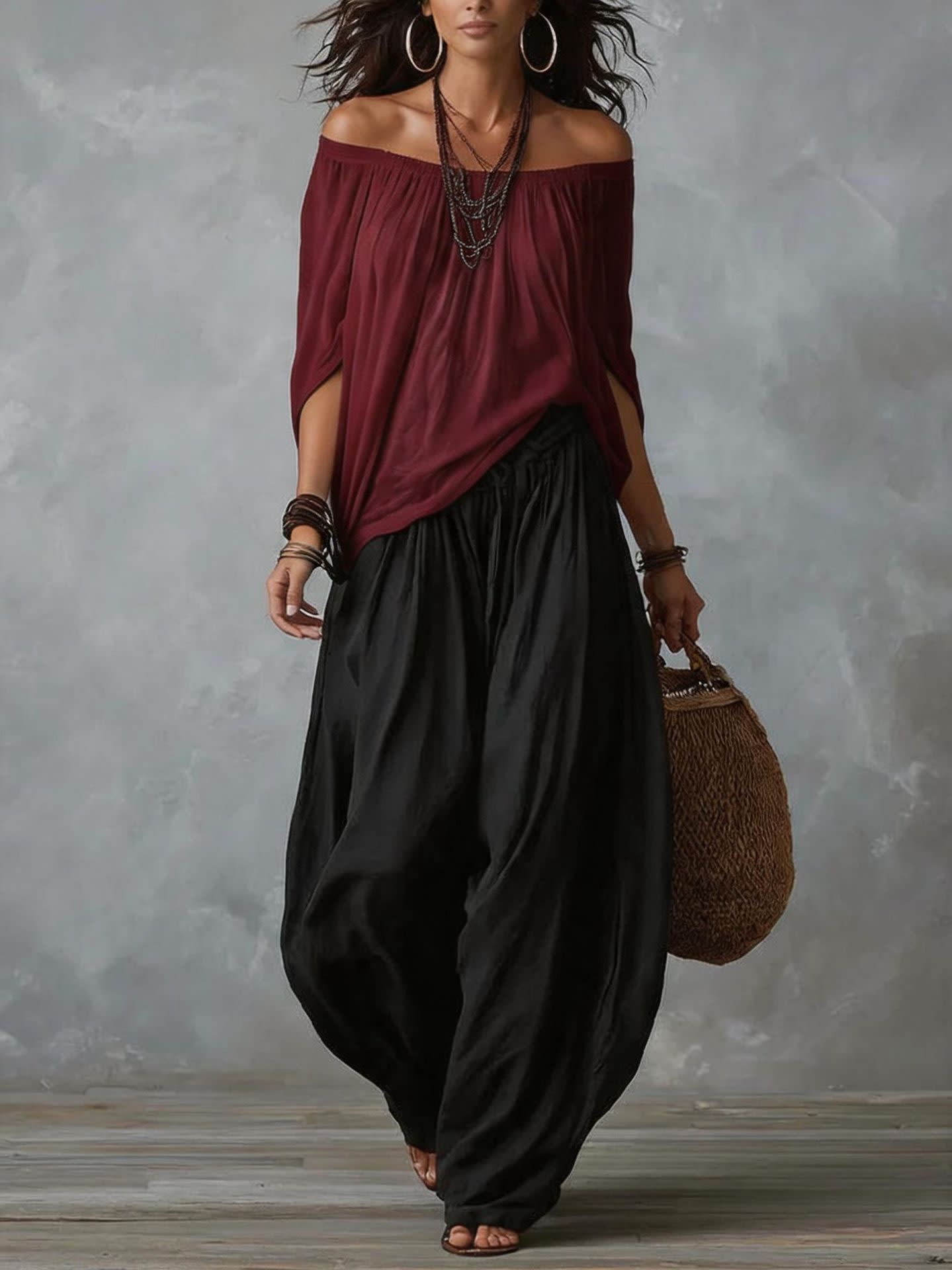 Women's Off-Shoulder Suit Long Sleeve Top And Flare Leg Pants Set - Loose Fit Casual Two Piece Outfit view 16