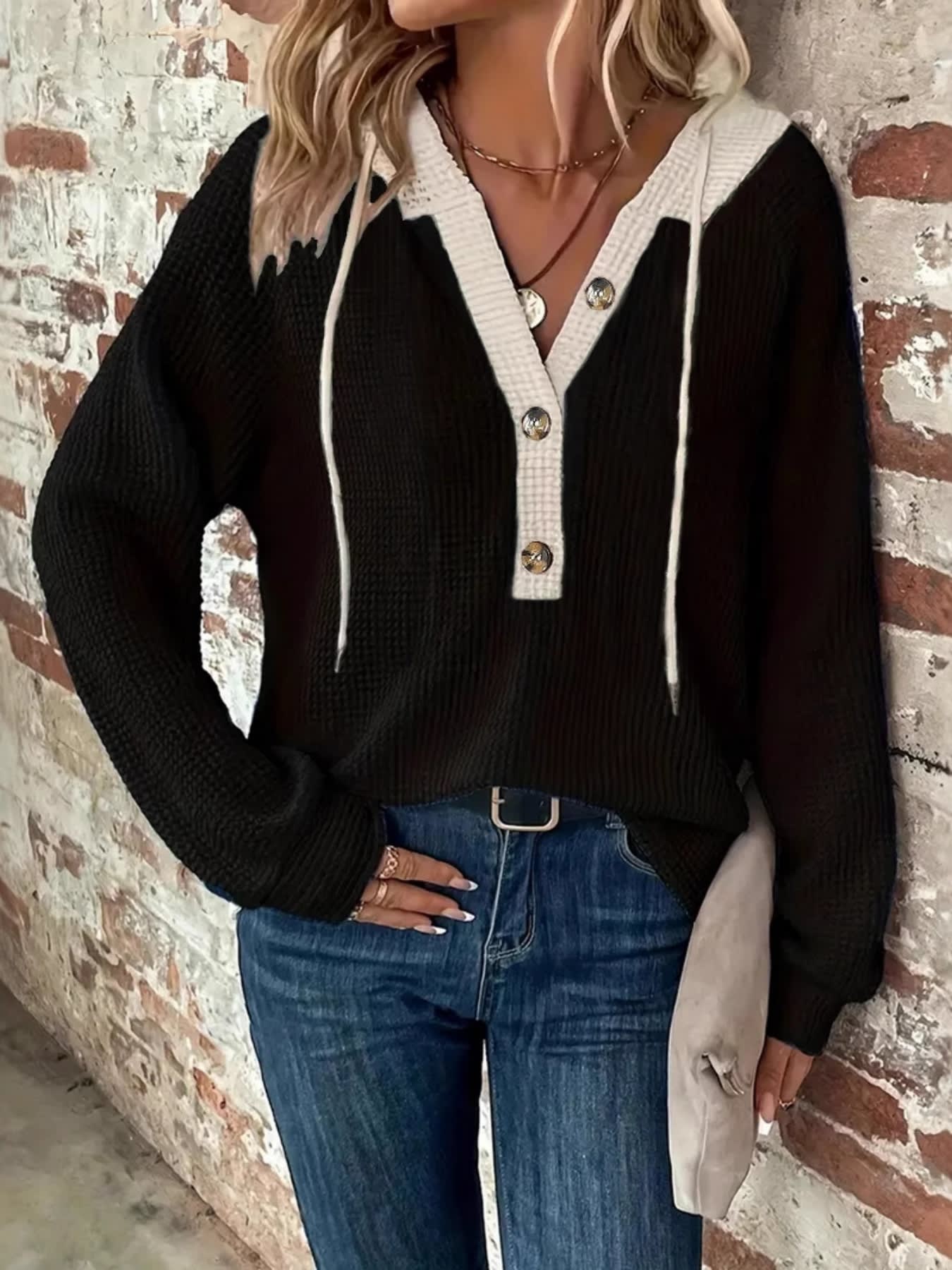 Women's Solid Color Waffle Hooded Button Loose Long Sleeve Sweatershirt view 4