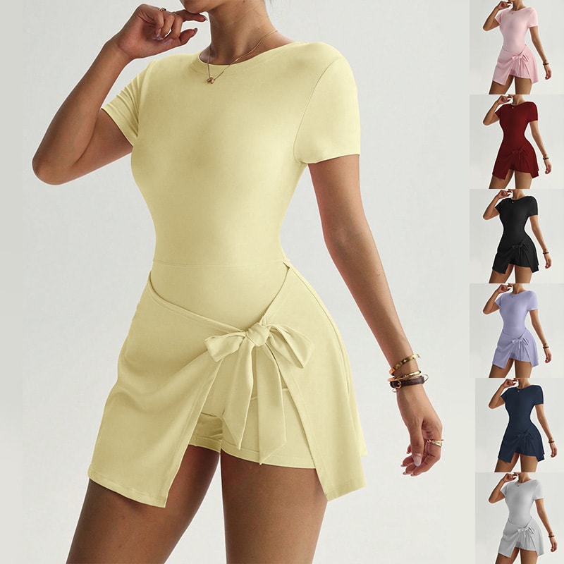 Women Solid Color Casual Yoga Jumpsuit Skirt - Outdoor Athletic Romper with Built-in Shorts for Fitness view 3