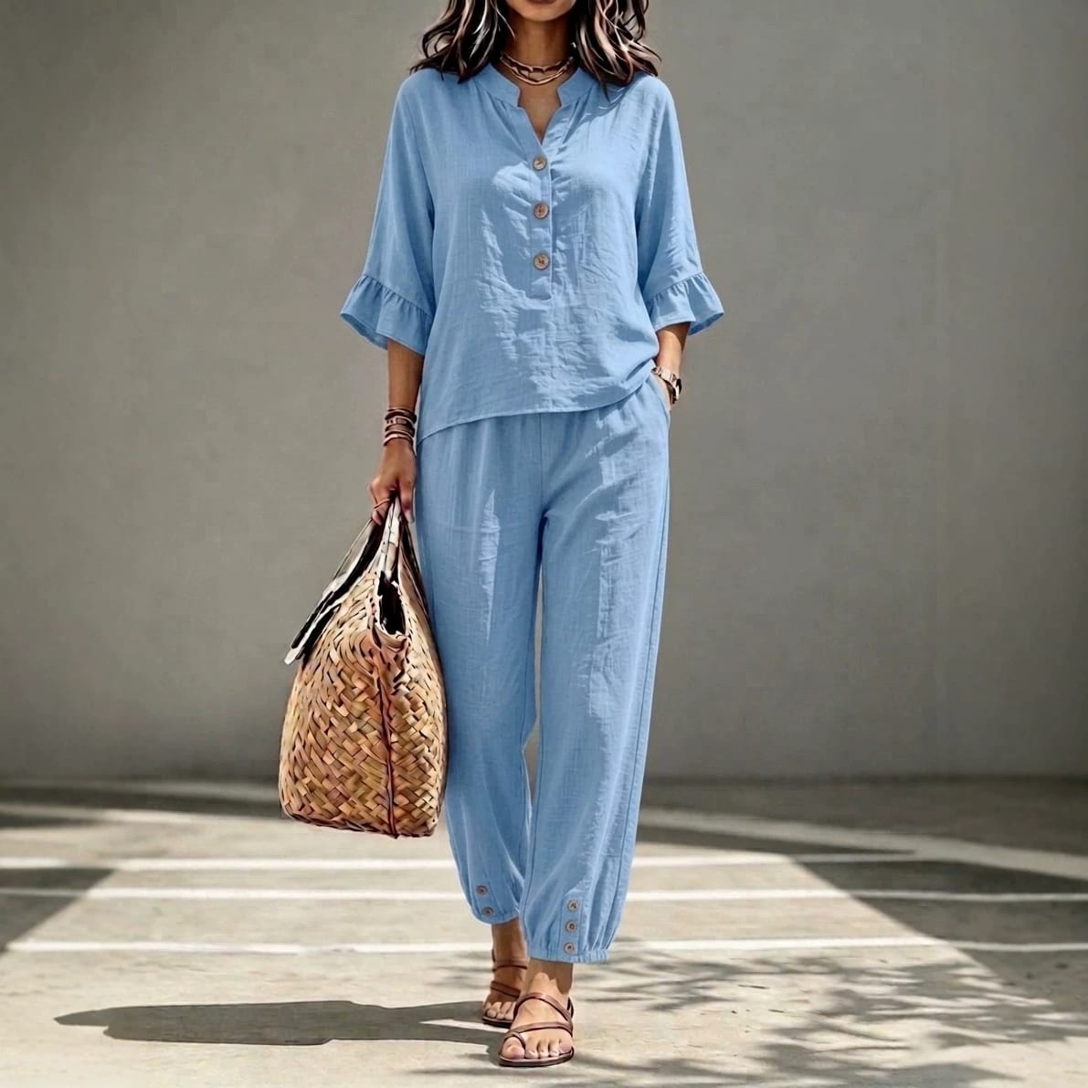 2pcs Set Women's Casual V-neck Collar Button Top Three-quarter-sleeve Top And Cropped Wide Leg Trousers Set Retro Female Office Suit view 6