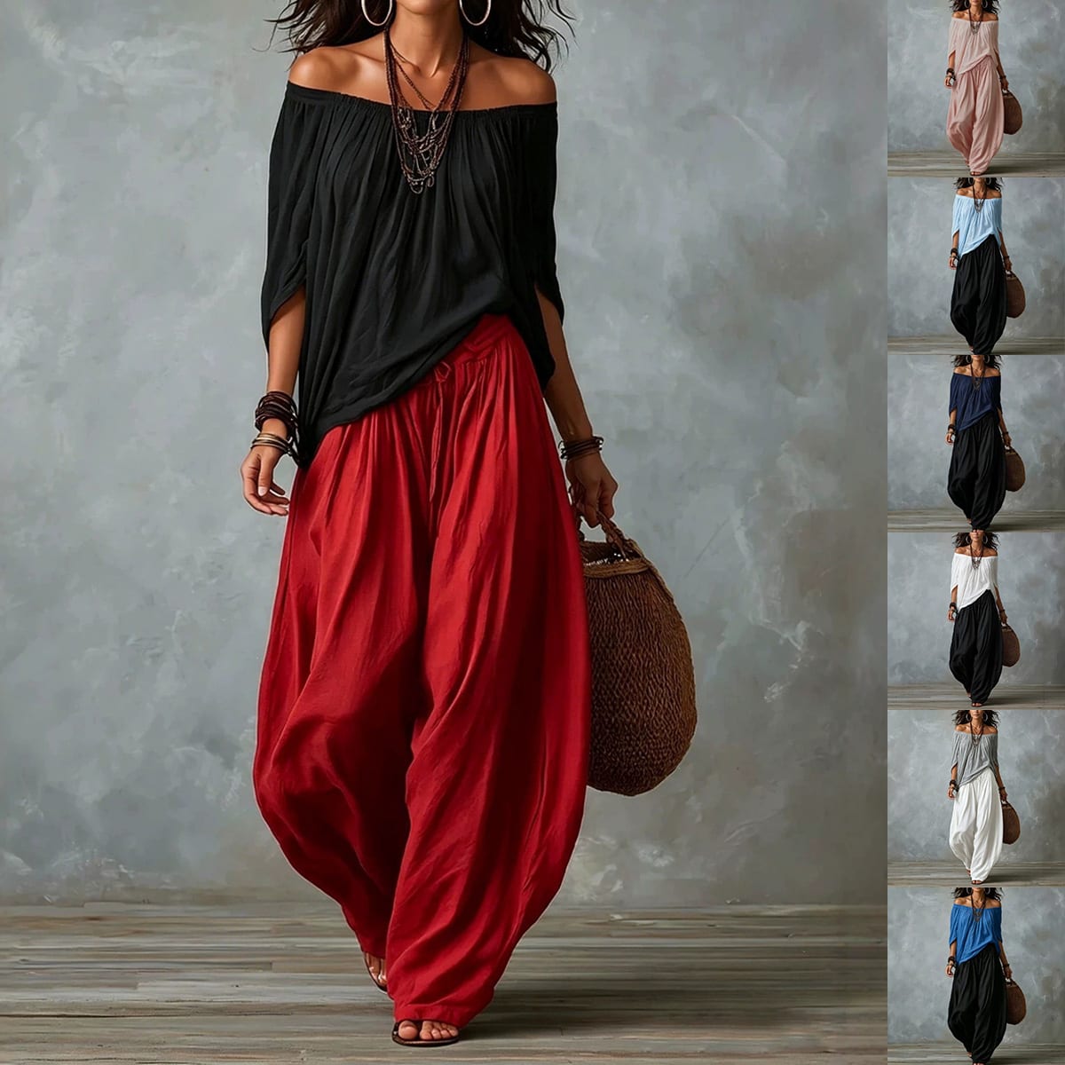Women's Off-Shoulder Suit Long Sleeve Top And Flare Leg Pants Set - Loose Fit Casual Two Piece Outfit view 13