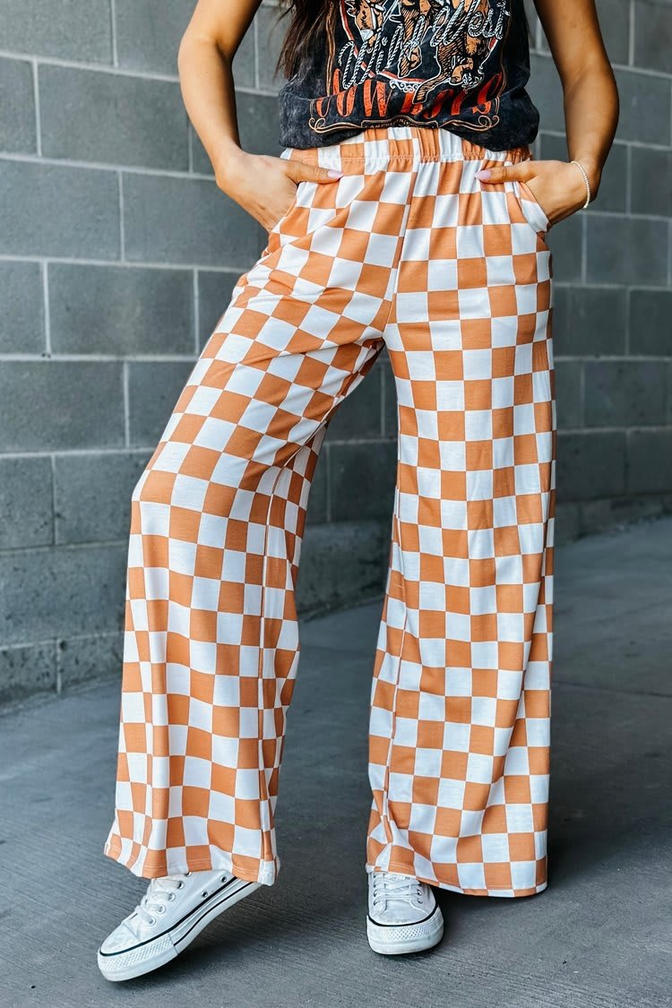 Spring New Chessboard Plaid Printed Casual All-match Loose Wide-leg Pants