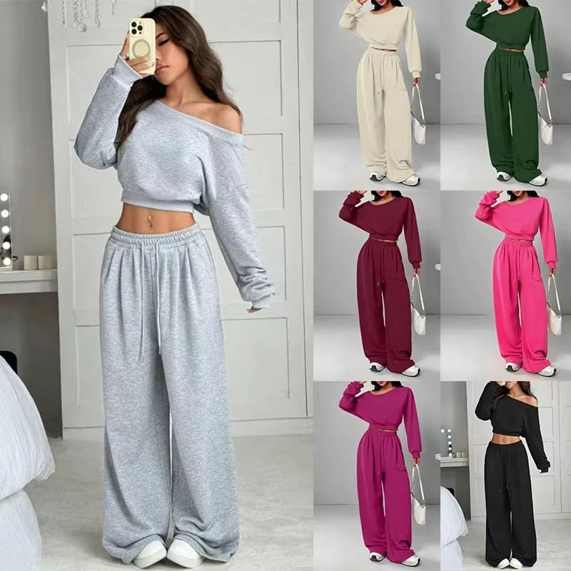 Casual 2-piece Set One-shoulder Long-sleeved Sweatshirt Women's Suit Autumn New Fashion Elastic Waist Tie Loose Sports Trousers view 4
