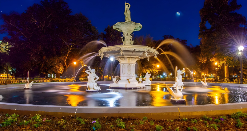 Savannah`s Fountain Night View