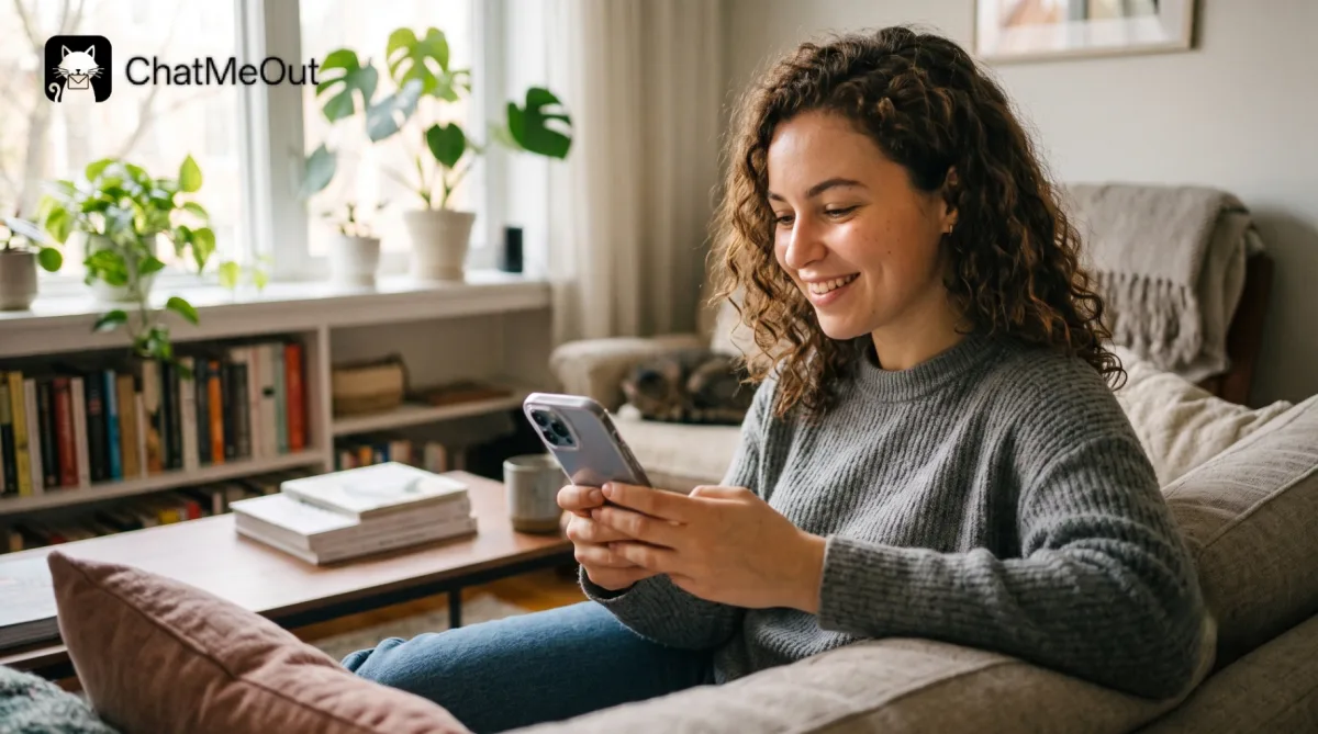 A happy, young woman in a modern living room, smiling at her phone while participating in a random chat with a stranger on a free platform like chatmeout.com. Her natural posture suggests comfort and safety.