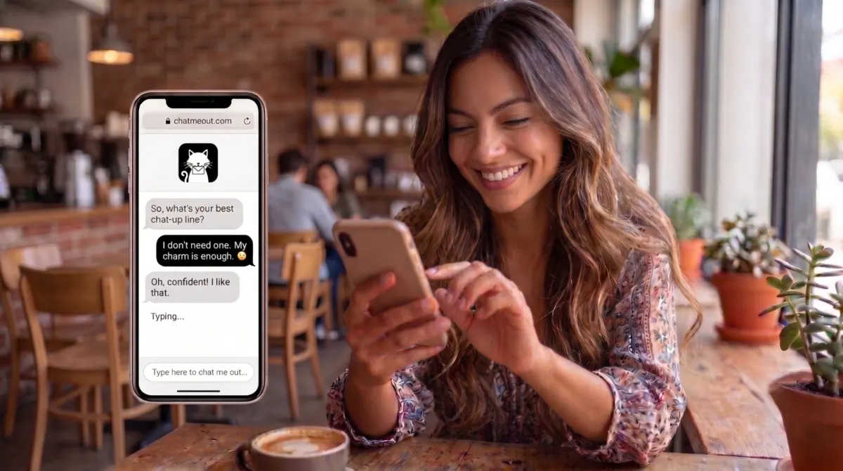 Smiling woman using the chatmeout.com free anonymous stranger chat website on her phone.