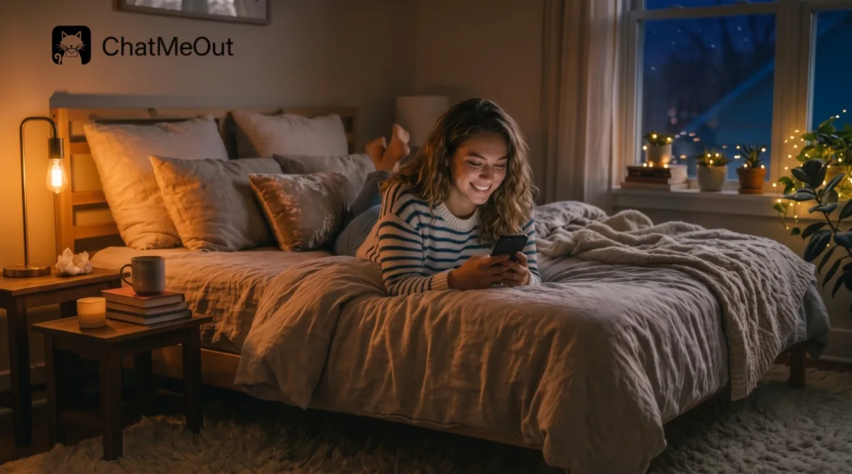 A young woman smiling at her smartphone while lying comfortably in a cozy, warmly lit bedroom at night, with the ChatMeOut logo in the top-left corner.