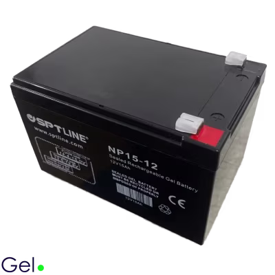 BATERÍA DE GEL SELLADA RECARGABLE DE 12V 15AMPERIOS LIBRE DE MANTENIMIENTO, DISEÑADA CON TECNOLOGÍA ANTIDERRAME, SEGURA, DURADERA Y DE ALTO RENDIMIENTO PARA SISTEMAS DE ENERGÍA, UPS, EQUIPOS ELÉCTRICOS Y APLICACIONES INDUSTRIALES
