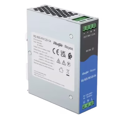 FUENTE DE ALIMENTACIÓN RG-NISPA12054 DE RUIJIE PARA INSTALACIÓN EN RIEL DIN, 120W DE POTENCIA, ACEPTA ENTRADA AC/DC, CON PROTECCIÓN CONTRA CORTOCIRCUITOS, SOBRECARGAS, SOBRETENSIONES Y SOBRECALENTAMIENTO. RANGO DE TEMPERATURA DE OPERACIÓN DE -40°C A +70°C, DISEÑADA PARA AMBIENTES EXIGENTES