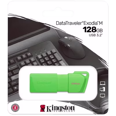 UNIDAD FLASH USB COLOR VERDE KINGSTON DATATRAVELER EXODIA M DE 128 GB CON INTERFAZ USB 3.2 GEN 1 TIPO A, ALTA VELOCIDAD DE TRANSFERENCIA, DISEÑO COMPACTO Y RESISTENTE, COMPATIBLE CON PC Y LAPTOPS, ACABADO EN COLOR VERDE NEÓN PARA USO DIARIO Y ALMACENAMIENTO PORTÁTIL