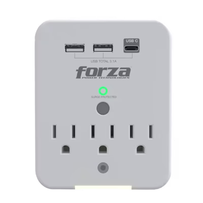 TOMACORRIENTE PROTECTOR DE TENSION FORZA 490J / 1875W / 3 SELDAS / USB / 120V CON INDICADOR VISUAL DE LUZ NOCTURNA