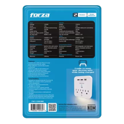 TOMACORRIENTE PROTECTOR DE TENSION FORZA 490J / 1875W / 3 SELDAS / USB / 120V CON INDICADOR VISUAL DE LUZ NOCTURNA