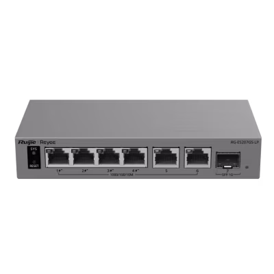 SWITCH GIGABIT RG-ES207GS-LP SMART CLOUD MANAGED POE+ DE 7 PUERTOS CON 4 SALIDAS POE+ 40W, 2 RJ45 GIGABIT, 1 SFP, CAPA 2, GESTIÓN POR RUIJIE CLOUD Y APP REYEE, MODO CCTV CON UN CLIC, PROTECCIÓN 6KV, POE PERPETUO Y GABINETE METÁLICO FANLESS