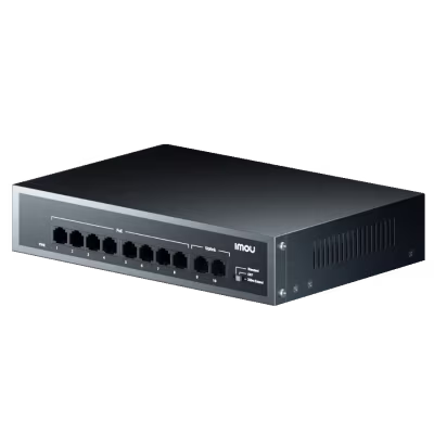 SWITCH POE IMOU DE 10 PUERTOS CON 8 PUERTOS POE 10/100 MBPS + 2 UPLINK GIGABIT, POTENCIA TOTAL 65W, SOPORTE IEEE 802.3AF/AT, MODO EXTENDIDO HASTA 250 METROS Y DISEÑO METÁLICO PARA VIDEOVIGILANCIA IP