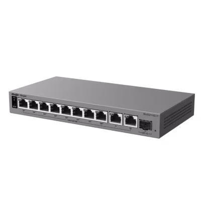 SWITCH GIGABIT SMART CLOUD MANAGED POE+ DE 11 PUERTOS CON 8 SALIDAS POE+ 80W, 2 RJ45 GIGABIT, 1 SFP, CAPA 2, GESTIÓN POR RUIJIE CLOUD Y APP REYEE, MODO CCTV CON UN CLIC, PROTECCIÓN 6KV, POE PERPETUO Y GABINETE METÁLICO FANLESS