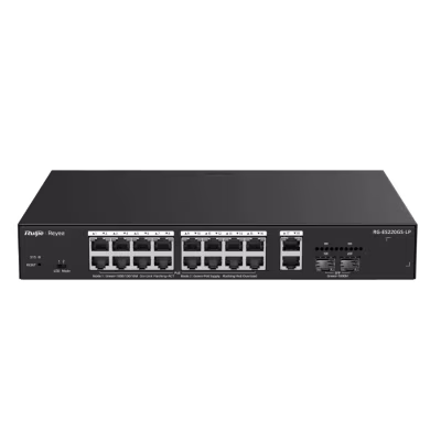 SWITCH ADMINISTRABLE RUIJIE REYEE DE 20 PUERTOS GIGABIT CON 16 PUERTOS POE+ DE ALTA POTENCIA, 4 PUERTOS SFP PARA FIBRA ÓPTICA, SOPORTE VLAN, QOS Y SEGURIDAD AVANZADA, GESTIÓN INTELIGENTE DESDE LA NUBE, IDEAL PARA VIDEOVIGILANCIA Y REDES EMPRESARIALES DE ALTO RENDIMIENTO Y ESTABILIDAD GARANTIZADA