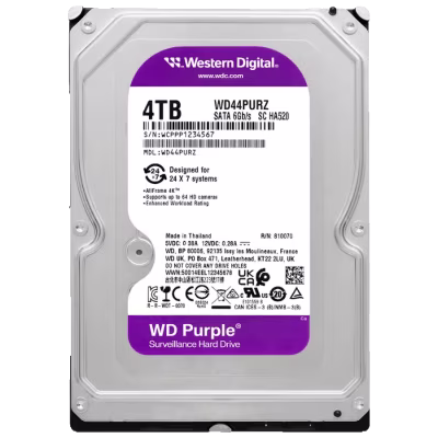 DISCO DURO WD PURPLE DE 4 TB PARA VIDEOVIGILANCIA, DISEÑADO PARA GRABACIÓN CONTINUA Y ALMACENAMIENTO CONFIABLE DE VIDEO EN SISTEMAS DE SEGURIDAD CCTV Y GRABADORES DVR Y NVR.