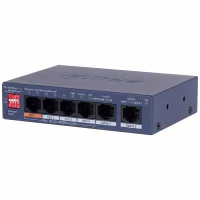 Switch Gigabit 6 Puertos Dahua - 4 Puertos Poe - 10-100-1000Mbps - Hi-PoE 60W - Loop Protection