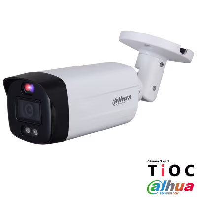 CAMARA BULLET TIOC DAHUA LENTE FIJA DE 3.6MM CON TECNOLOGIA DE DISUACION ACTIVA FULL COLOR HDCVI / 5MP / IR40M / PROTECCION IP67 / AUDIO/ LUCES LED SUMPLEMENTARIAS PROPORCIONANDO UNA IMAGEN COLORIDA