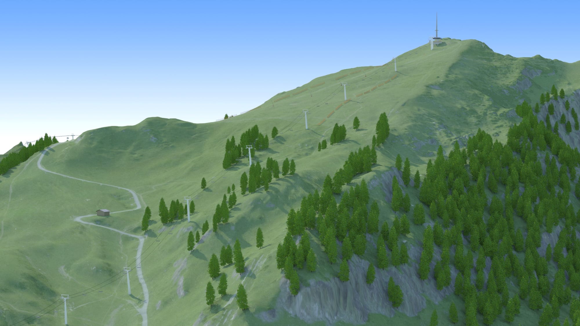 Simulation mit Blick auf Berg im Sommer mit Sessellift. Rechts befindet sich ein Wald. Im oberen Teil sieht man die Schneezäune, die im Winter die Piste links und rechts begrenzen. Die Abstände zwischen den Zäunen sind deutlich zu sehen.