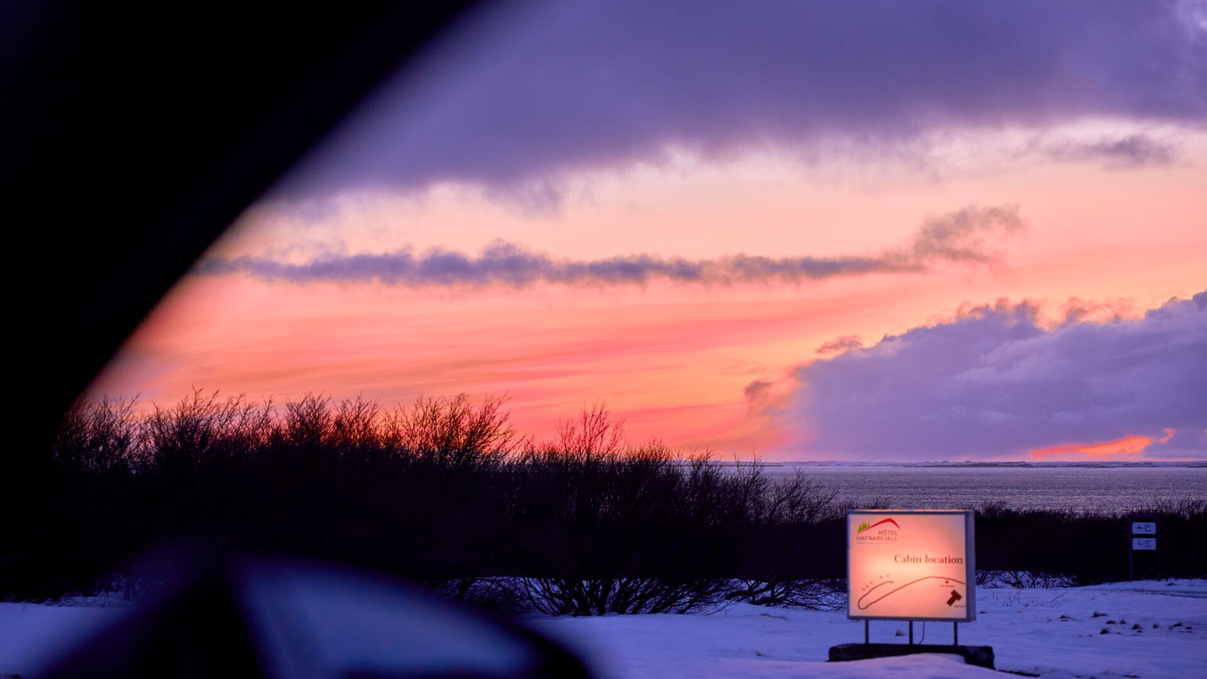 purple sky of iceland from car window