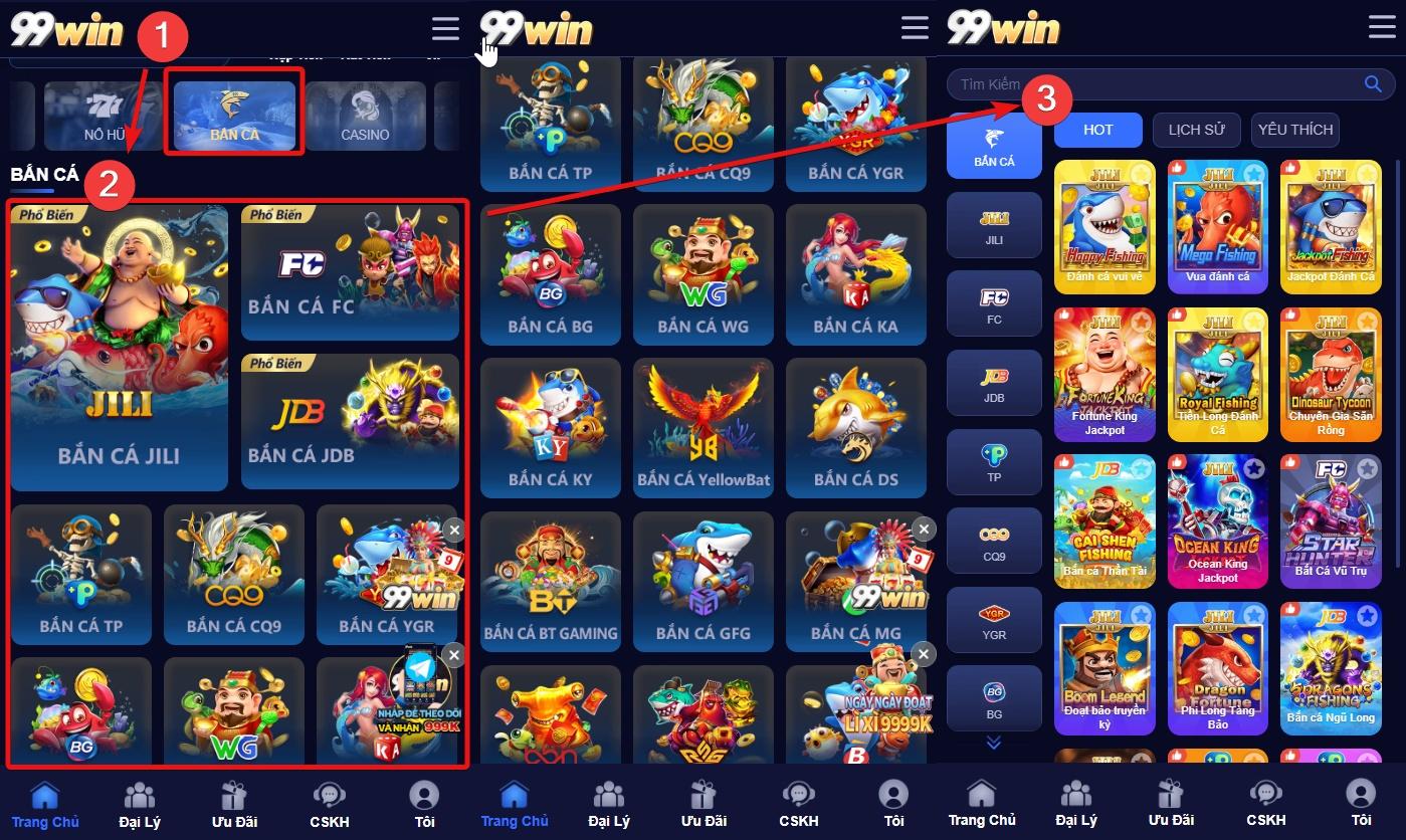 Giao diện các sảnh game bắn cá tại nhà cái 99win