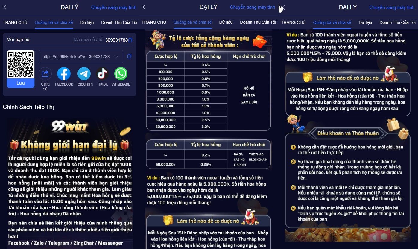 Bảng chính sách hoa hồng đại lý 99win chi tiết