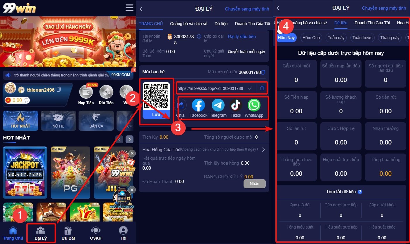 Giao diện 99win với vị trí mục Đại Lý được khoanh đỏ