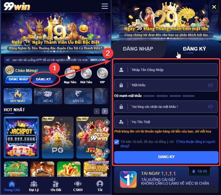 Hướng dẫn các bước đăng ký 99win trên điện thoại di động